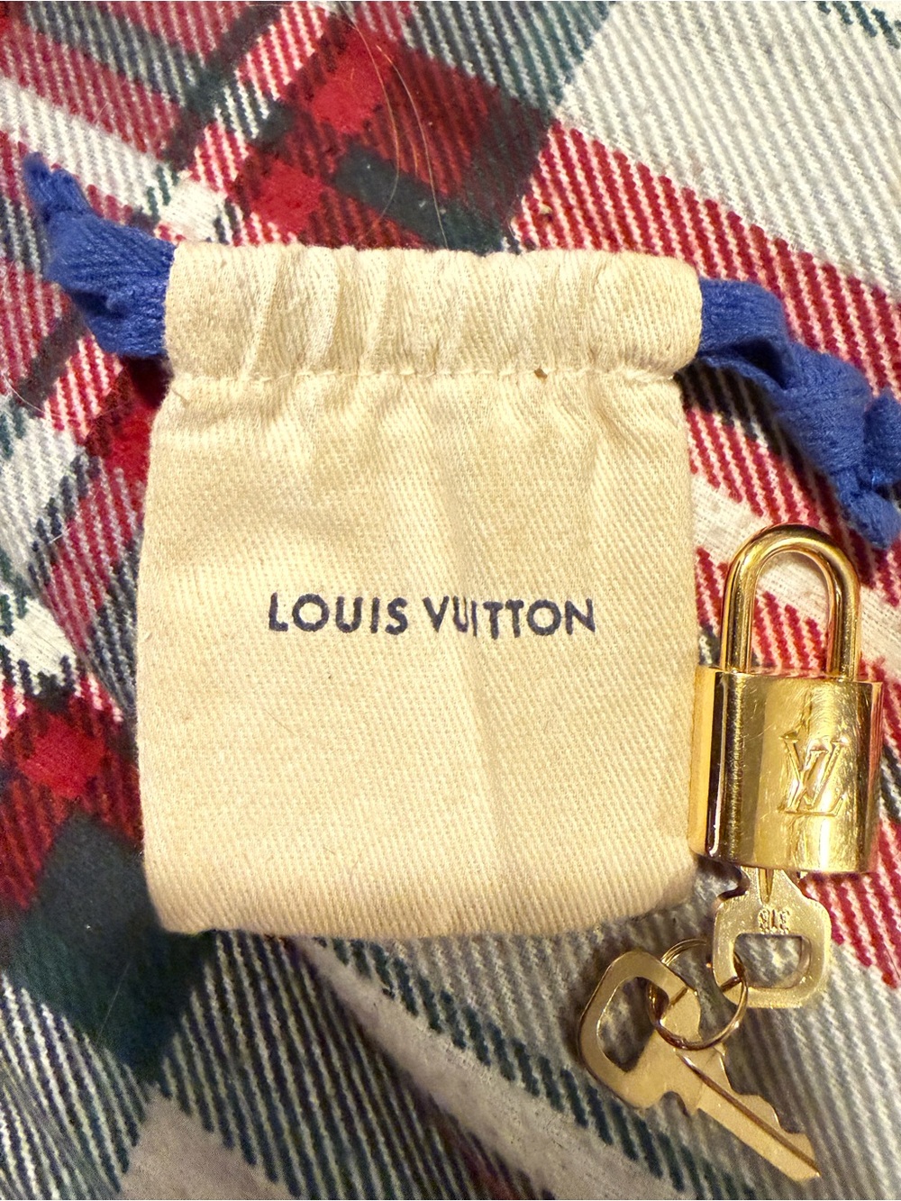 Louis Vuitton Beige Drawstring Pouch with Gold Padlock and Keys